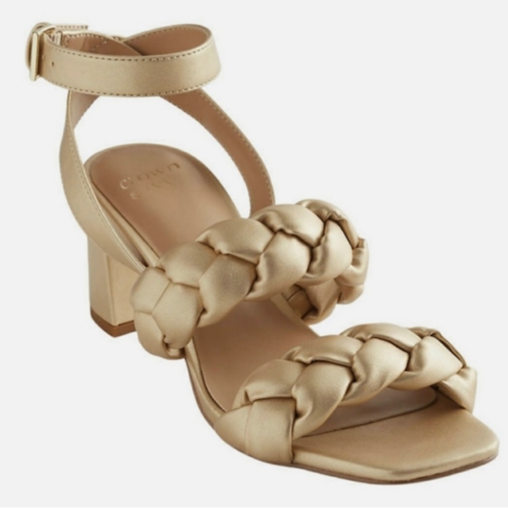 CROWN & IVY puffy woven straps block heel ankle strap w/buckle closure